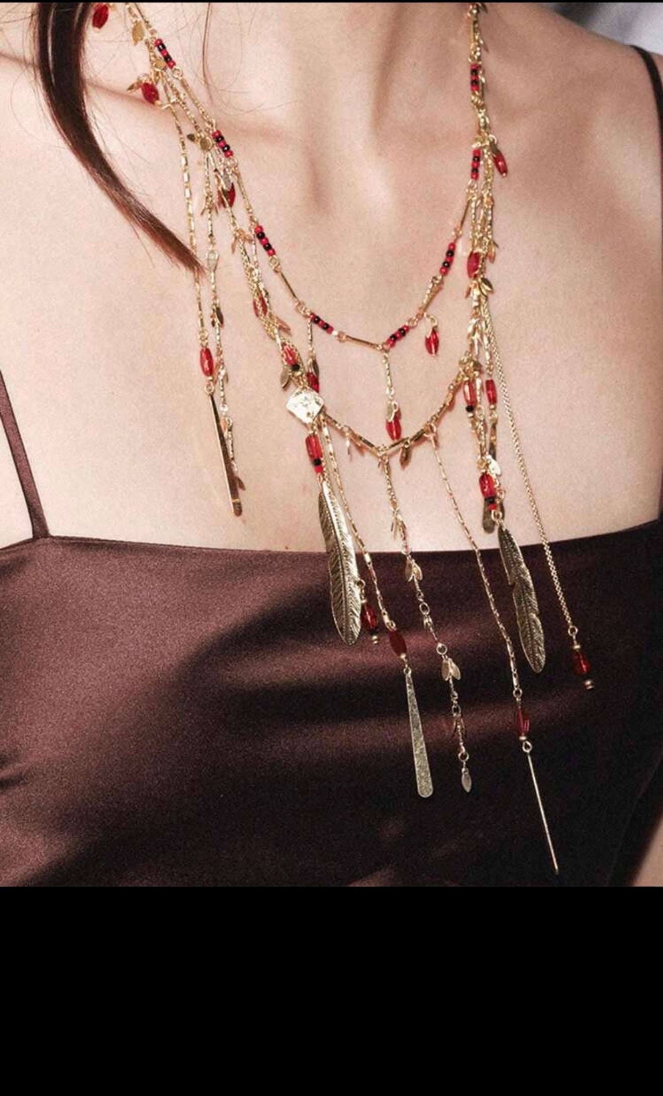 Luxurious Double Layer Chain & Metal Leaf Beaded Tassel  Necklace