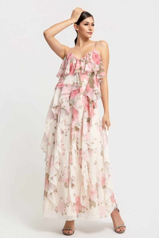FLOWER PRINT SPAGHETTI STRAP OPEN BACK RUFFLE MAXI DRESS