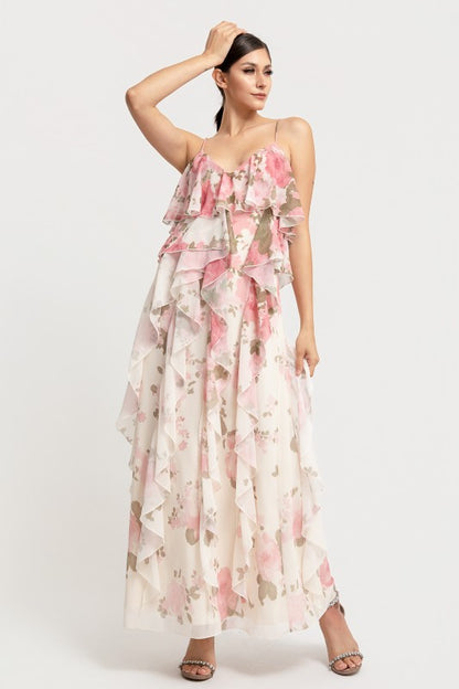 FLOWER PRINT SPAGHETTI STRAP OPEN BACK RUFFLE MAXI DRESS