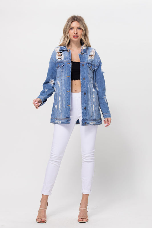 Oversized Trucker Denim Jacket With Shredded Destroy