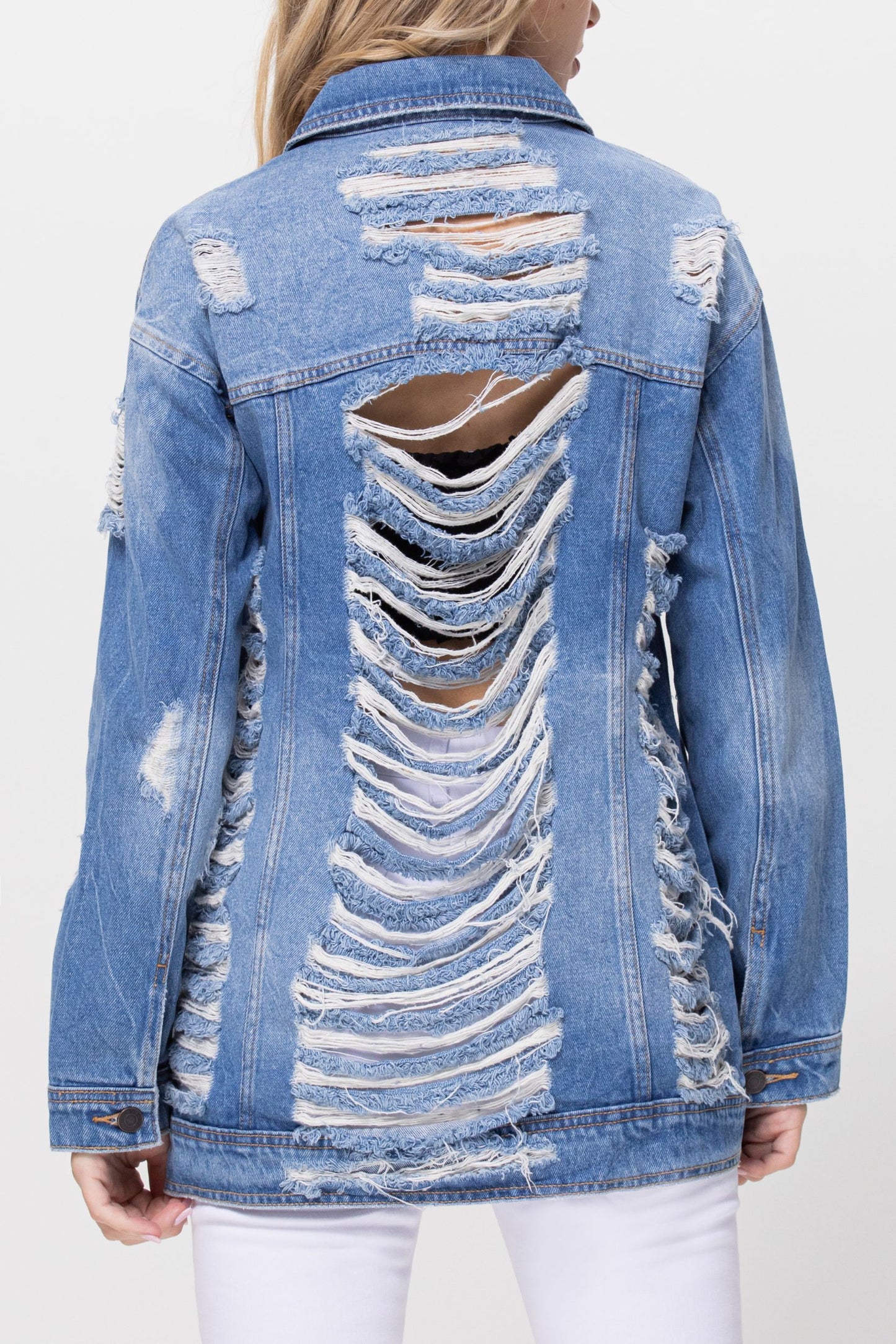 Oversized Trucker Denim Jacket With Shredded Destroy