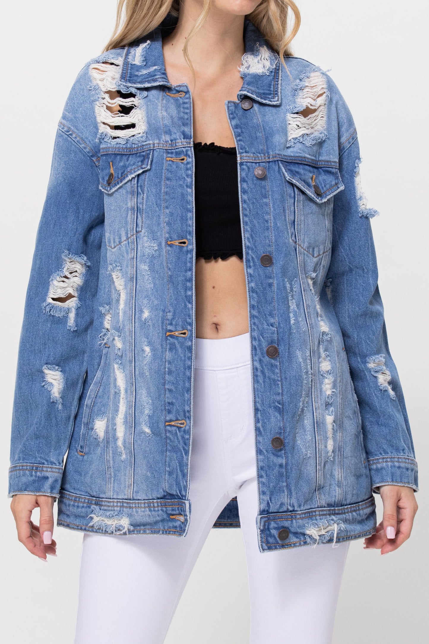 Oversized Trucker Denim Jacket With Shredded Destroy