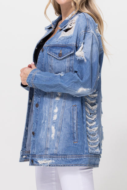 Oversized Trucker Denim Jacket With Shredded Destroy