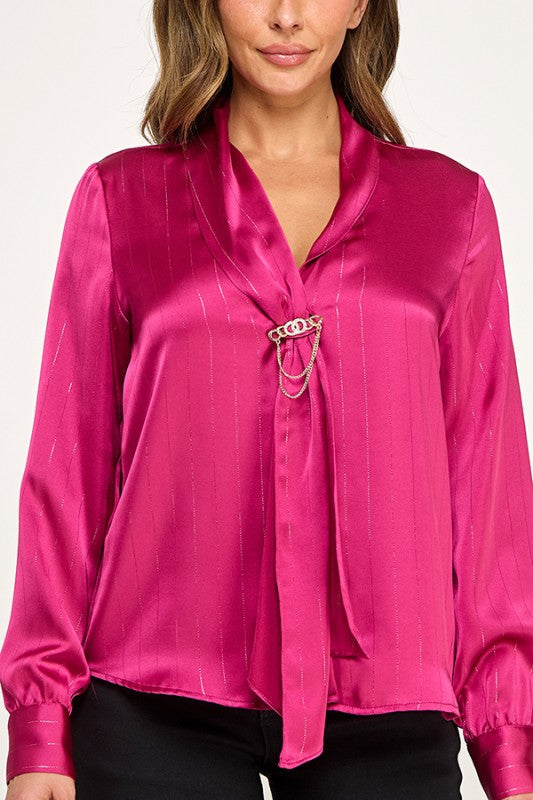 LUREX STRIPED LONG SLEEVE BLOUSE WITH NECK TIE