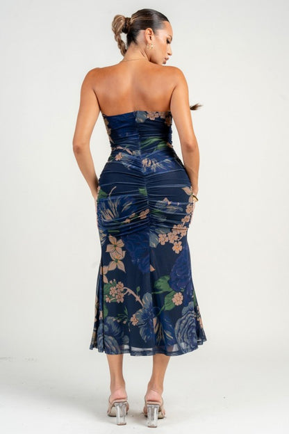 TUBE RUCHING MAXI FLARE PRINTED DRESS