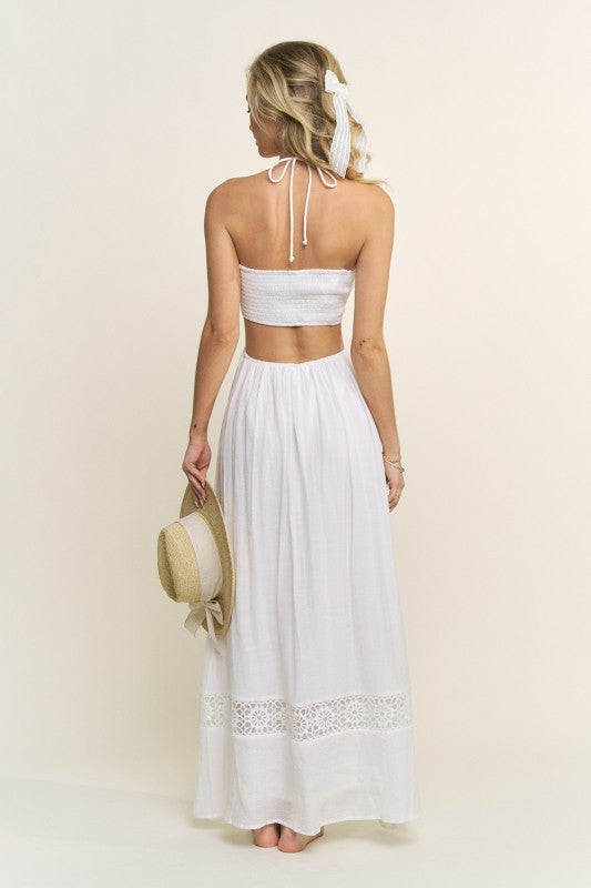 STONE BEAD HALTER STRAP CUTOUT MAXI DRESS