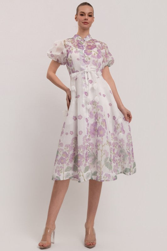 SHORT SLEEVES BUTTON DOWN FLORAL MIDI DRESS
