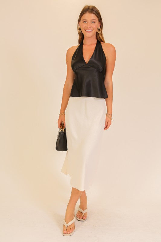SATIN HALTER V NECK TOP
