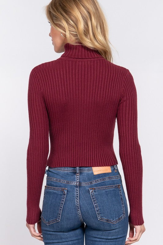 LONG SLV TURTLE NECK FITTED CROP RIB SWEATER