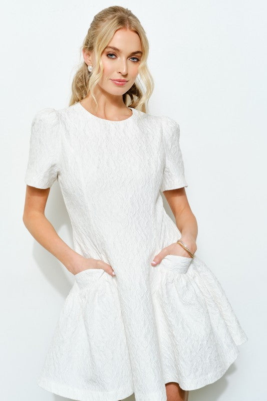 FLORAL JACQUARD FLARE MINI DRESS