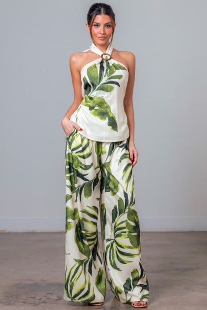 PRINTED HALTER NECK TOP WIDE LEG PANTS SET