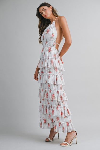 PRINTED FLORAL TIERED MIDI SUMMER DRESS