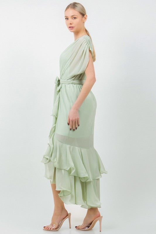 SOLID TIE WAIST RUFFLE MIDI DRESS