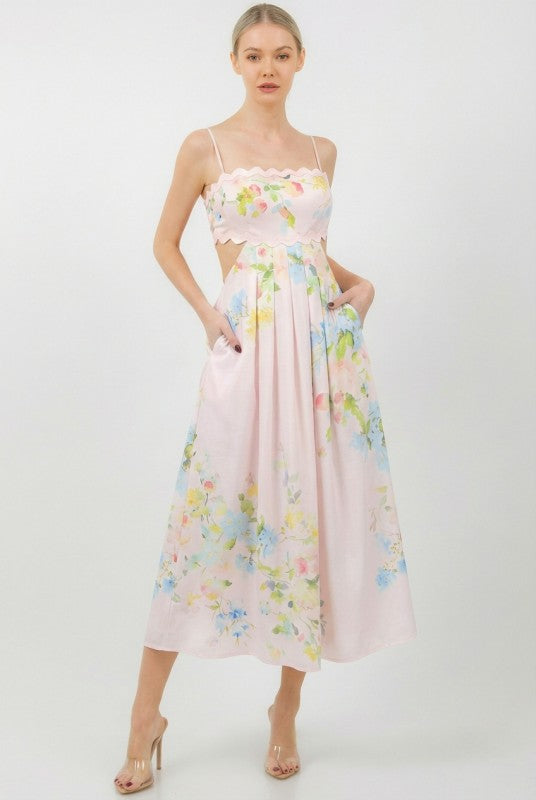 FLORAL PRINTED CUT OUT MIDI DRESS