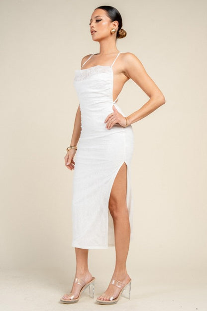 BEADED LACE MIDI PARTY DRESS