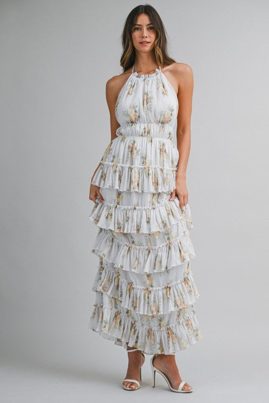 PRINTED FLORAL TIERED MIDI SUMMER DRESS