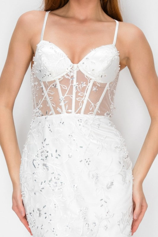 FLORAL SEQUIN CORSET MERMAID MAXI COCKTAIL DRESS
