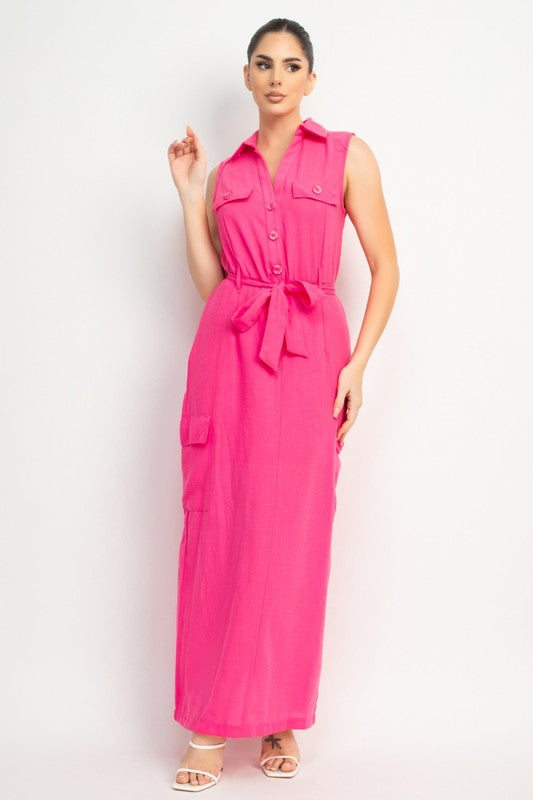 BELTED COLLARED SLIT MAXI DRESS