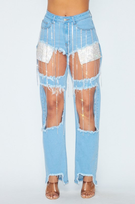 RHINESTONE FRINGE DENIM JEANS PANTS