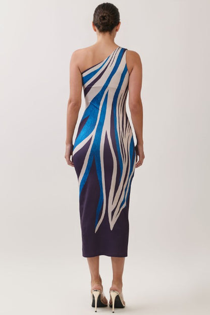 ABSTRACT ONE SHOULDER TUBE MIDI DRESS