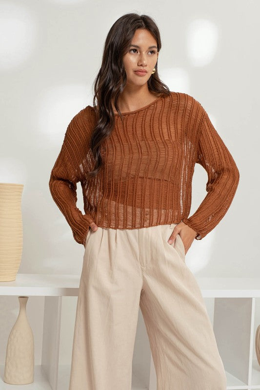 SHEER CROCHET LADDER KNIT PULLOVER SWEATER