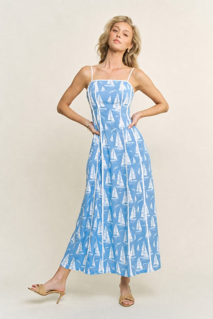 PRINTED PIPING DETAIL MAXI DRESS