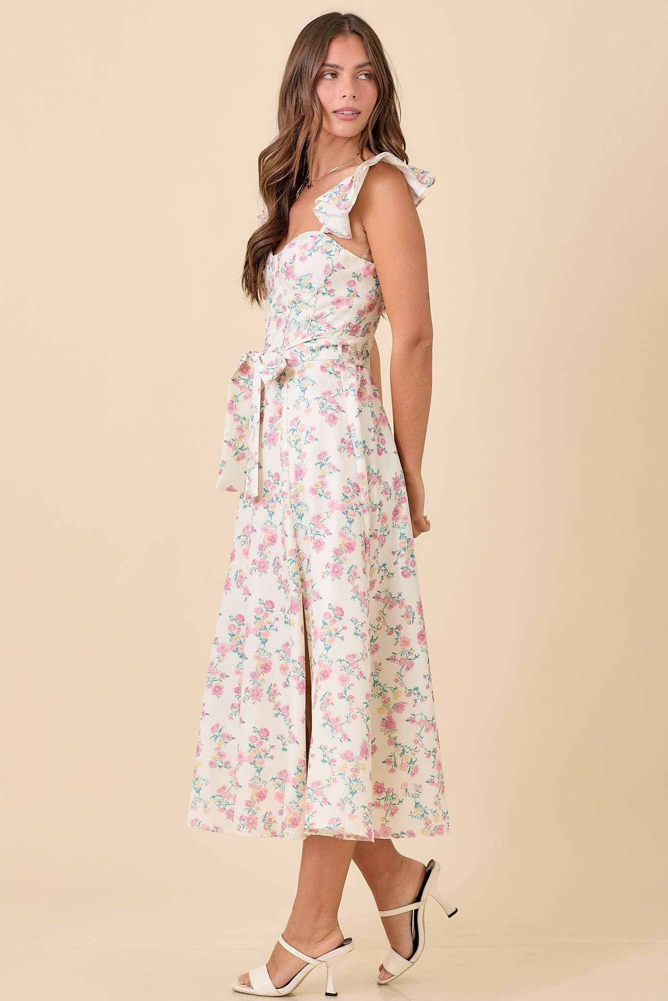 Floral Printed Ruffle Sleeve Midi Dress