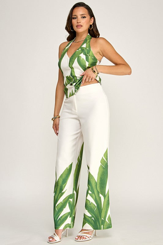 PRINTED HALTER ZIP UP VEST WITH HIGH WAIST PANTS SET