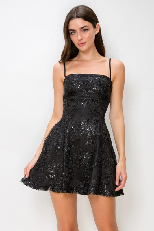 FLORAL EMBROIDERY SEQUIN A-LINE MINI DRESS