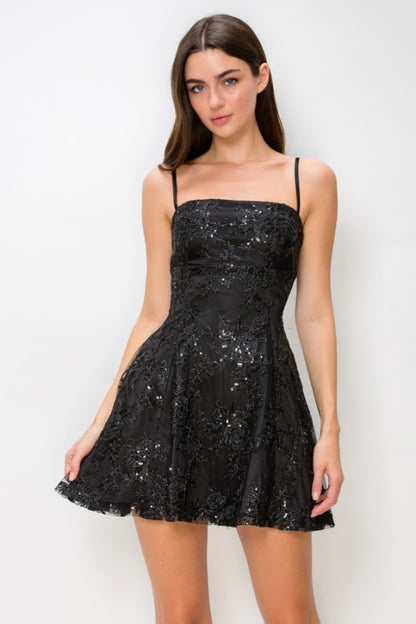 FLORAL EMBROIDERY SEQUIN A-LINE MINI DRESS