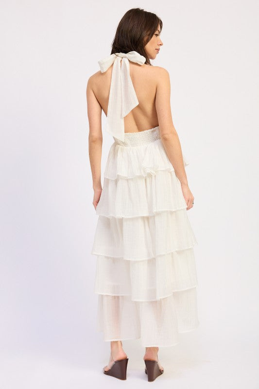 HALTER TIERED MIDI DRESS WITH NECK TIE