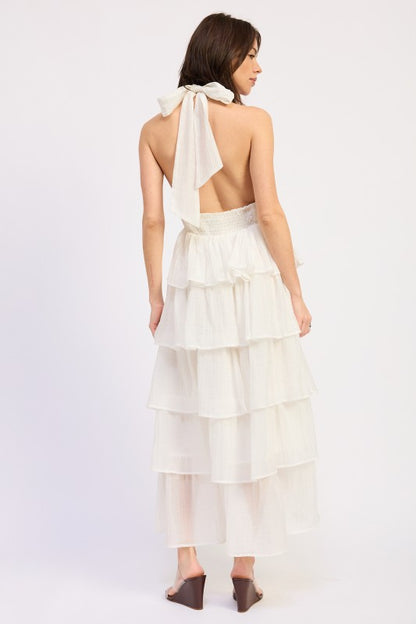 HALTER TIERED MIDI DRESS WITH NECK TIE