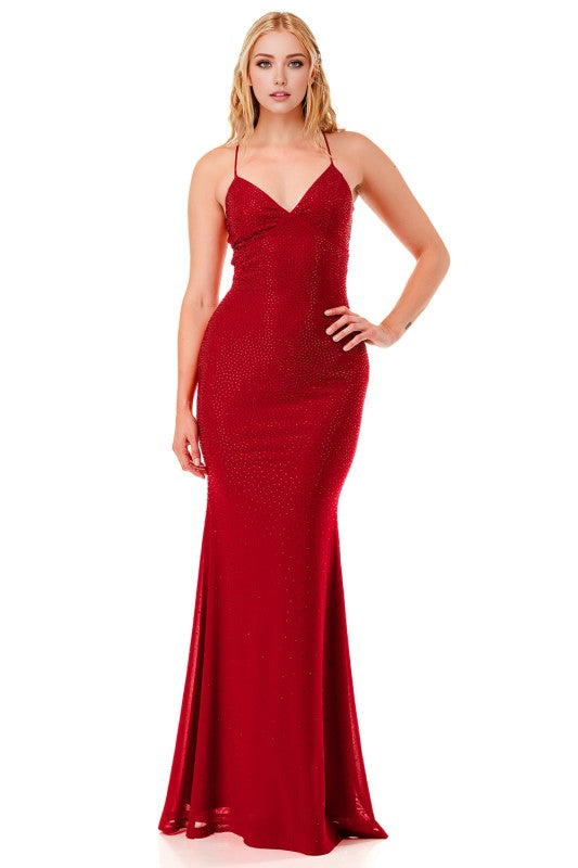 RHINESTONE CROSSED BACK MAXI DRESS