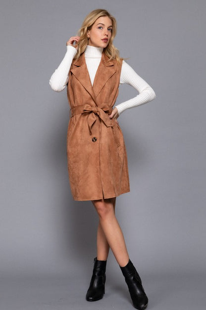 NOTCHED COLLAR BELTED FAUX SUEDE VEST