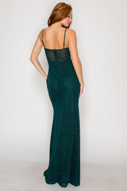 SOLID GLITTER MESH CORSET MAXI PARTY DRESS