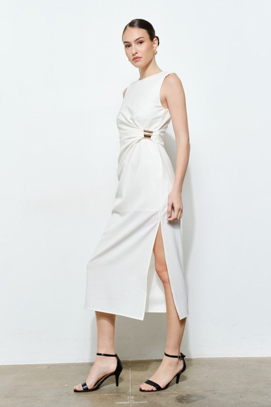 SLEEVELESS DRAPED GOLD ACCENT MIDI DRESS