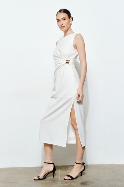 SLEEVELESS DRAPED GOLD ACCENT MIDI DRESS