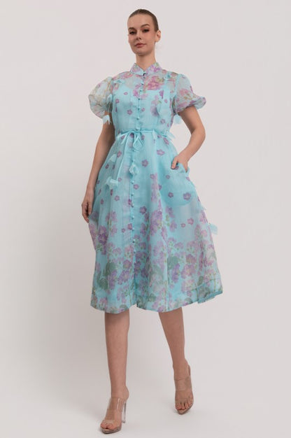 SHORT SLEEVES BUTTON DOWN FLORAL MIDI DRESS