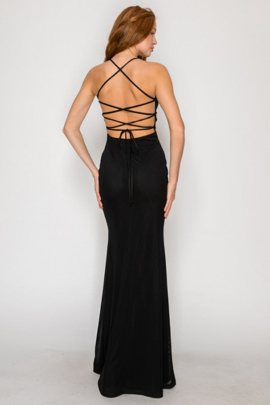 SOLID PREMIUM BODYCON MESH MAXI COCKTAIL DRESS