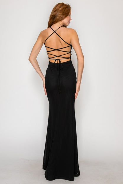SOLID PREMIUM BODYCON MESH MAXI COCKTAIL DRESS