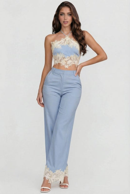 LACE HALTER CROP TOP PANTS SET
