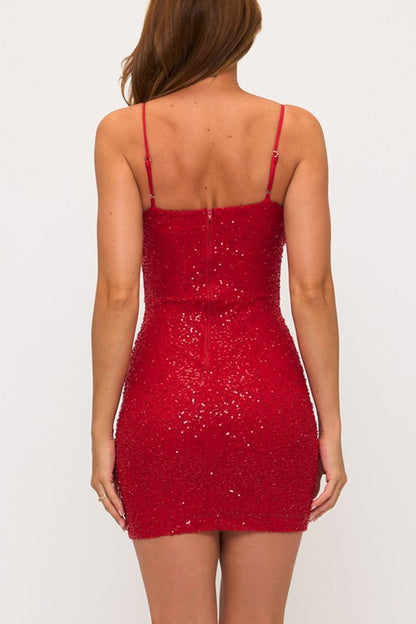 PLEATED BODYCON MINI PARTY DRESS WITH BEADS AND SEQUINS