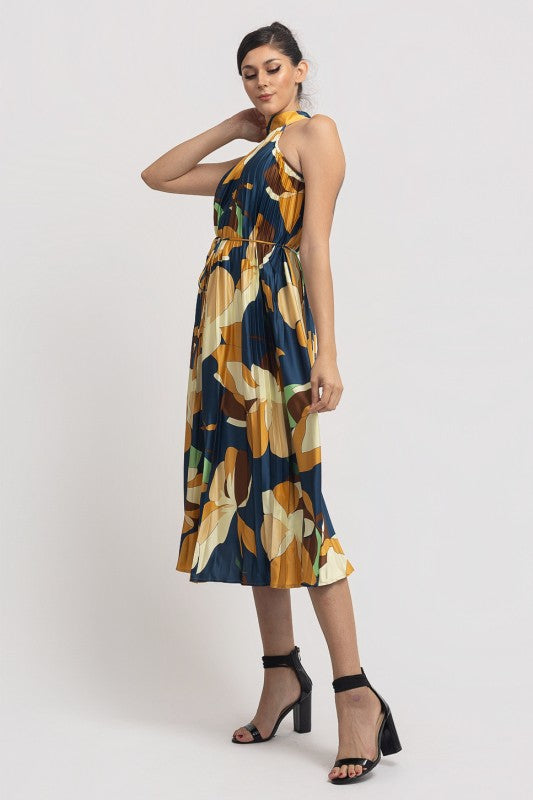 PRINTED PLEATED HALTER NECK MIDI DRESS