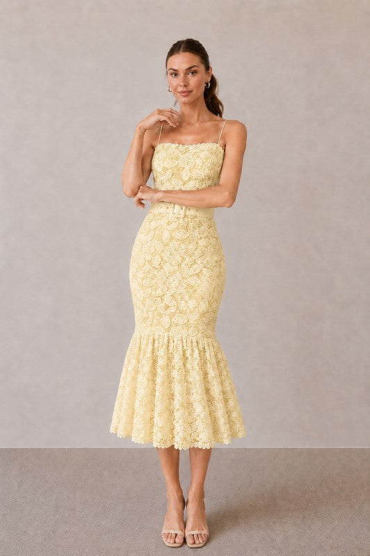 LACE FLOUNCE MIDI DRESS
