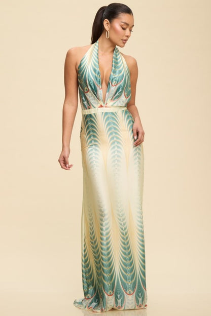 HALTER SATIN PRINTED MAXI SUMMER DRESS
