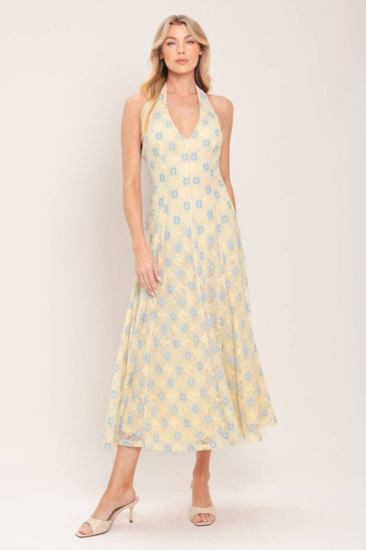 WOVEN LACE PRINTED MIDI SUMMER DRESS