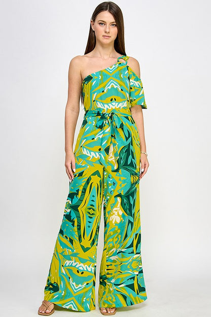 PRINTED ONE SHOULDER FLUTTER SLEEVE JUMPSUIT WITH SHOULDER TRIM