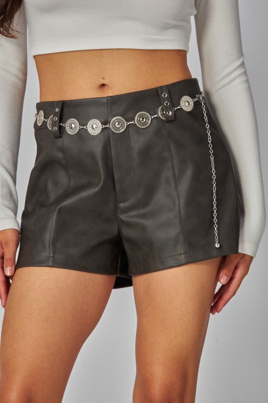 FAUX LEATHER STUDDED MICRO SHORTS WITH LEATHER BELT
