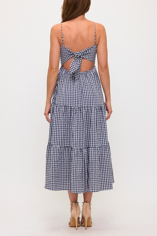 GINGHAM BOW BUST BACK TIE POPLIN MAXI DRESS
