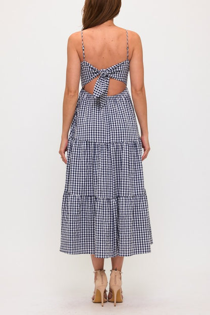 GINGHAM BOW BUST BACK TIE POPLIN MAXI DRESS